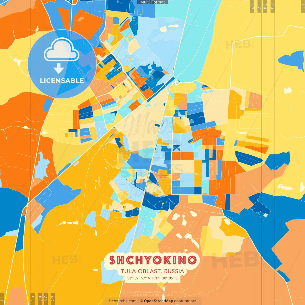 Shchyokino, Tula Oblast, Russia blue and orange vector art map template