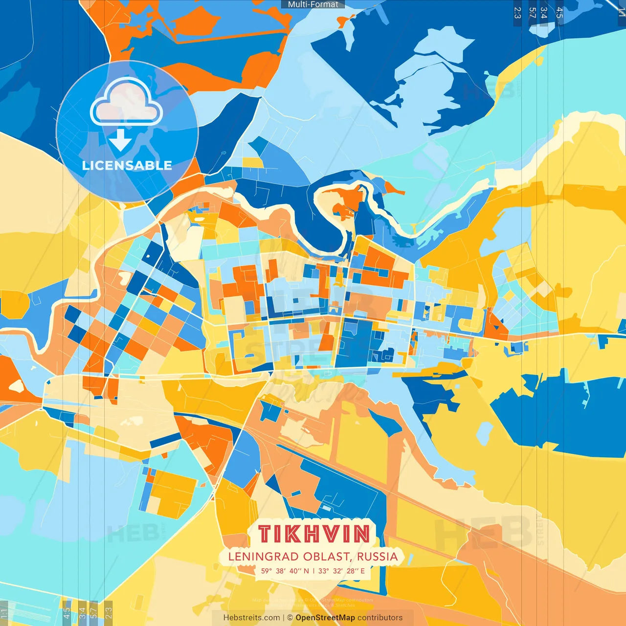 Tikhvin, Leningrad Oblast, Russia blue and orange vector art map template