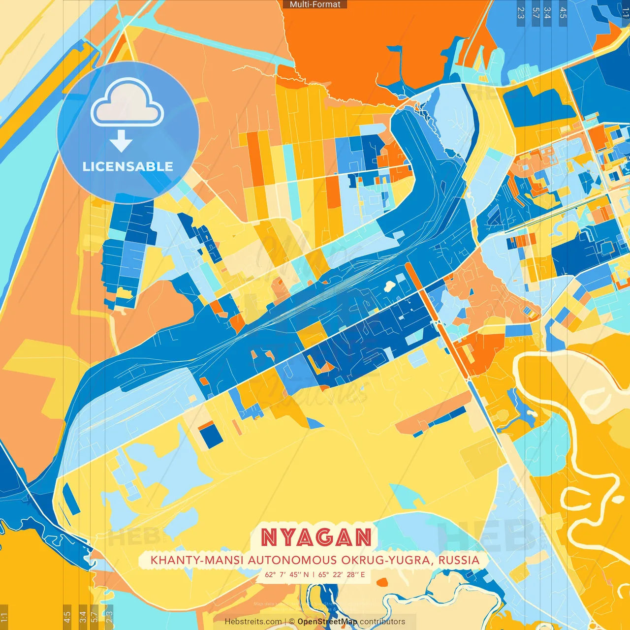 Nyagan, Khanty-Mansi Autonomous Okrug-Yugra, Russia blue and orange vector art map template