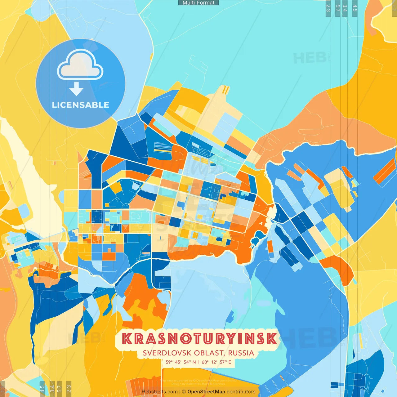 Krasnoturyinsk, Sverdlovsk Oblast, Russia blue and orange vector art map template