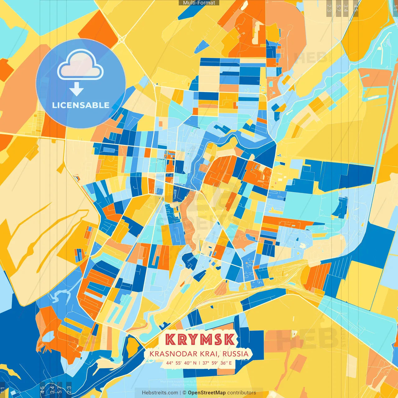 Krymsk, Krasnodar Krai, Russia blue and orange vector art map template