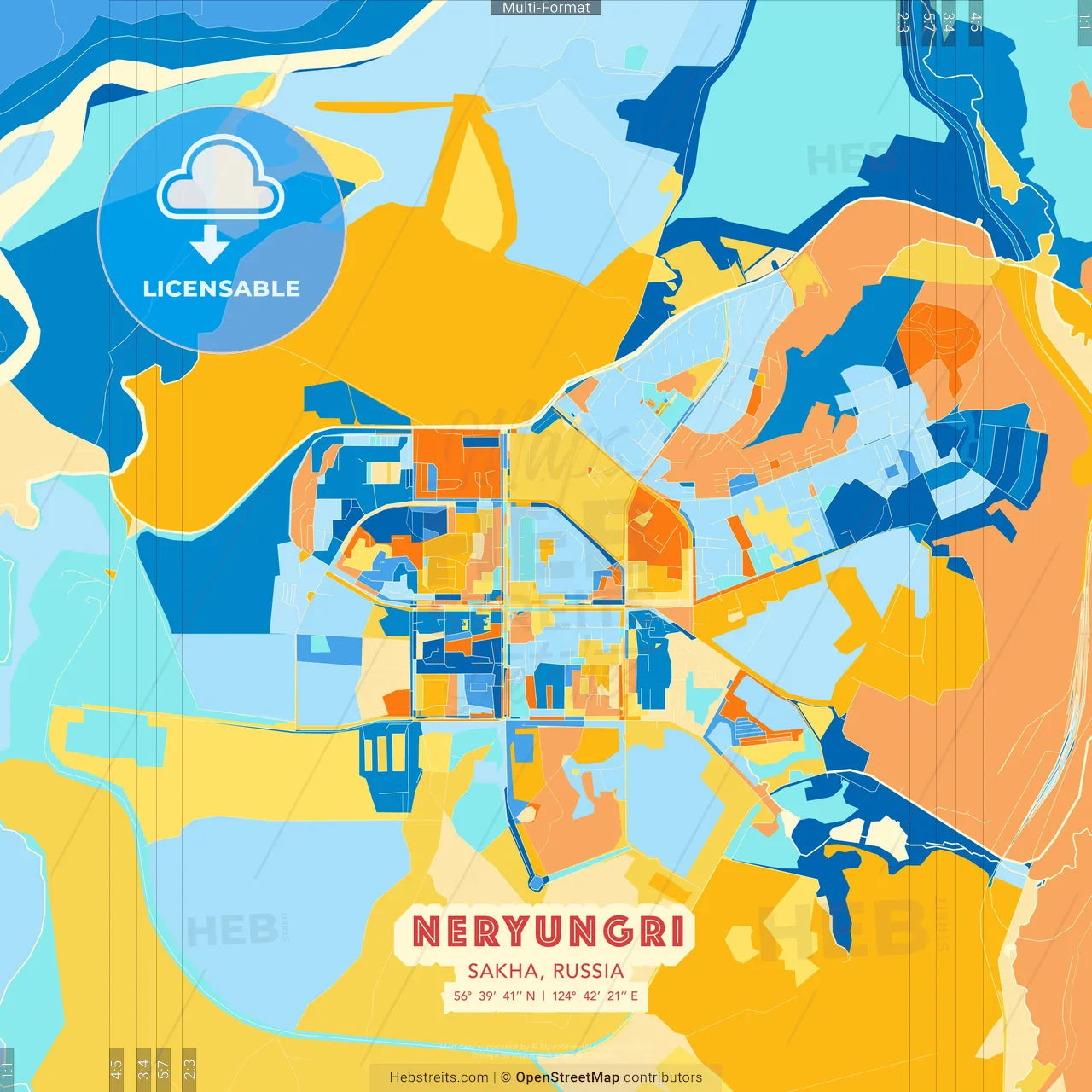 Neryungri, Sakha, Russia blue and orange vector art map template