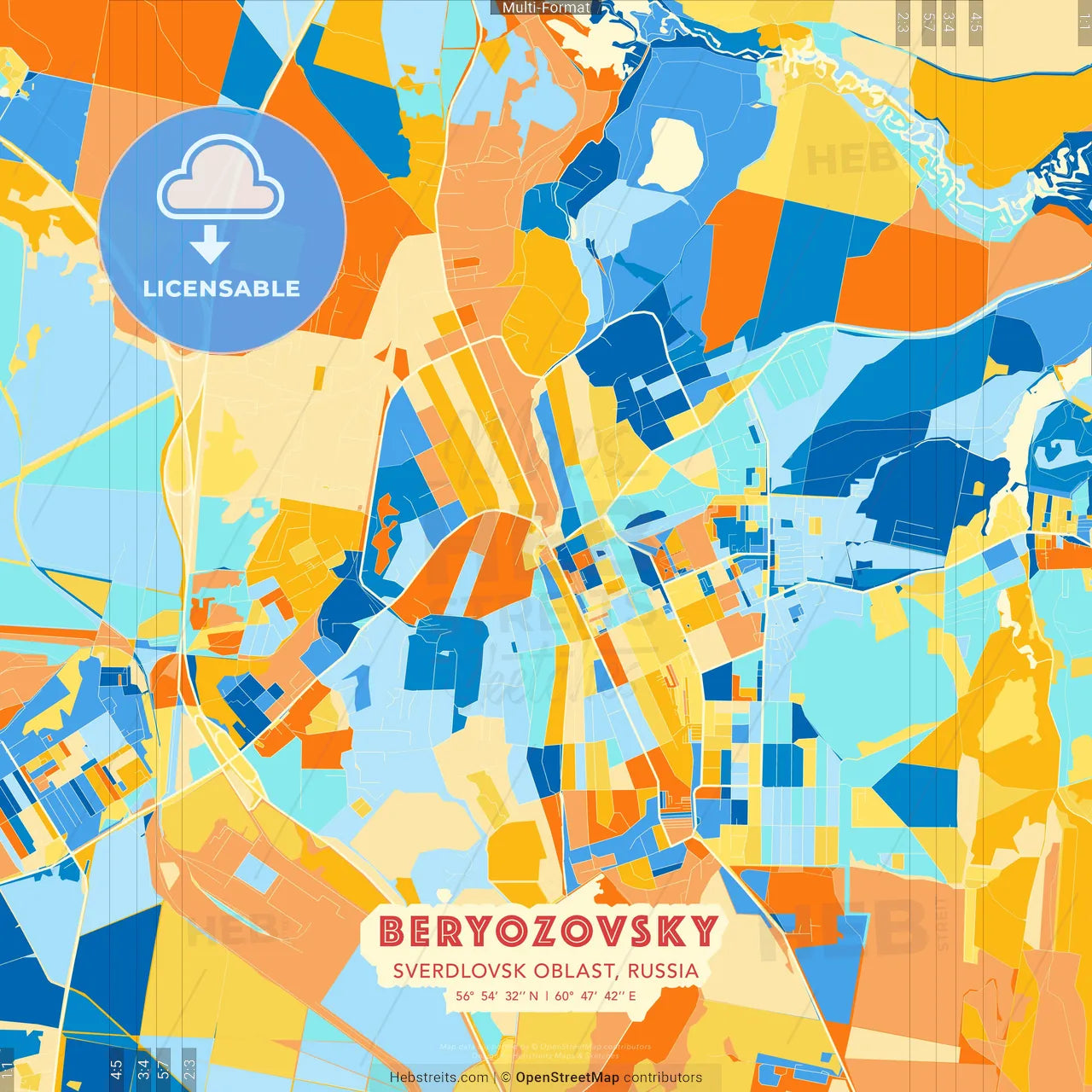 Beryozovsky, Sverdlovsk Oblast, Russia blue and orange vector art map template