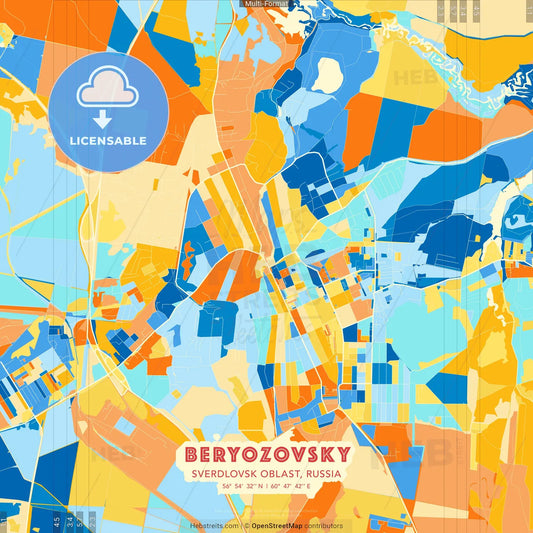 Beryozovsky, Sverdlovsk Oblast, Russia blue and orange vector art map template