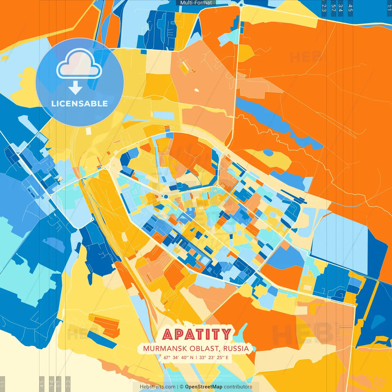 Apatity, Murmansk Oblast, Russia blue and orange vector art map template