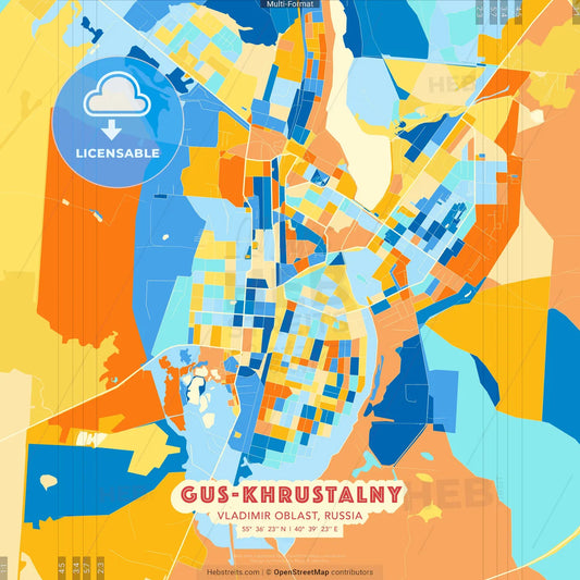 Gus-Khrustalny, Vladimir Oblast, Russia blue and orange vector art map template