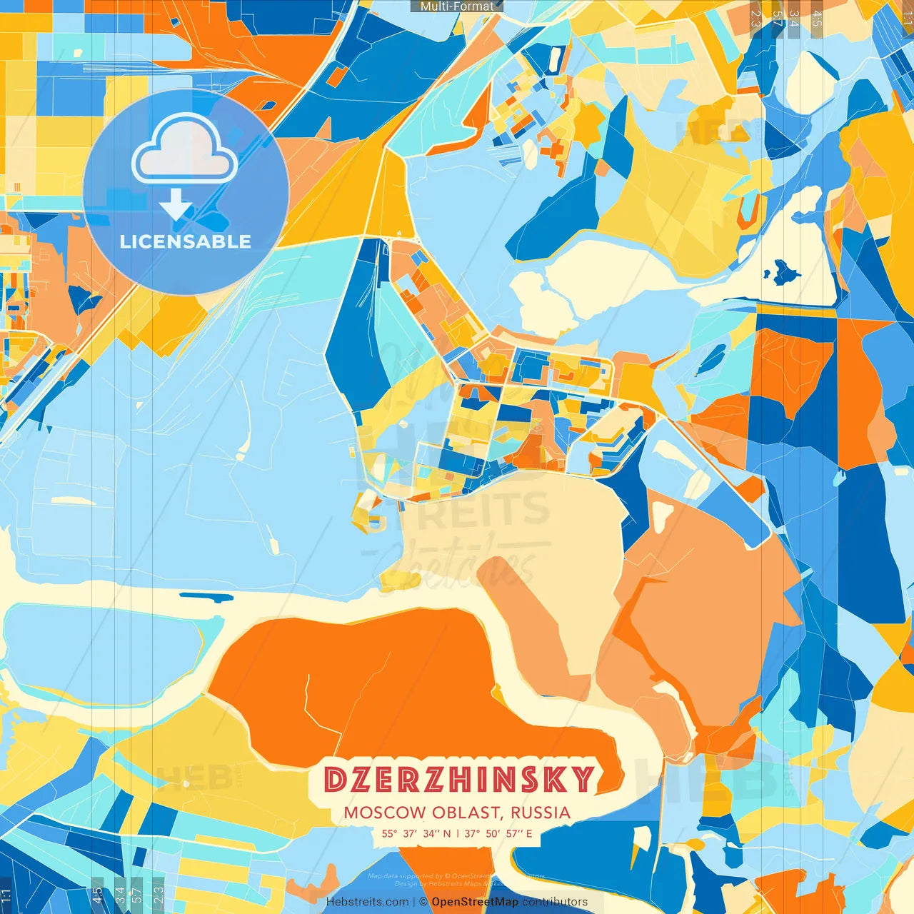 Dzerzhinsky, Moscow Oblast, Russia blue and orange vector art map template