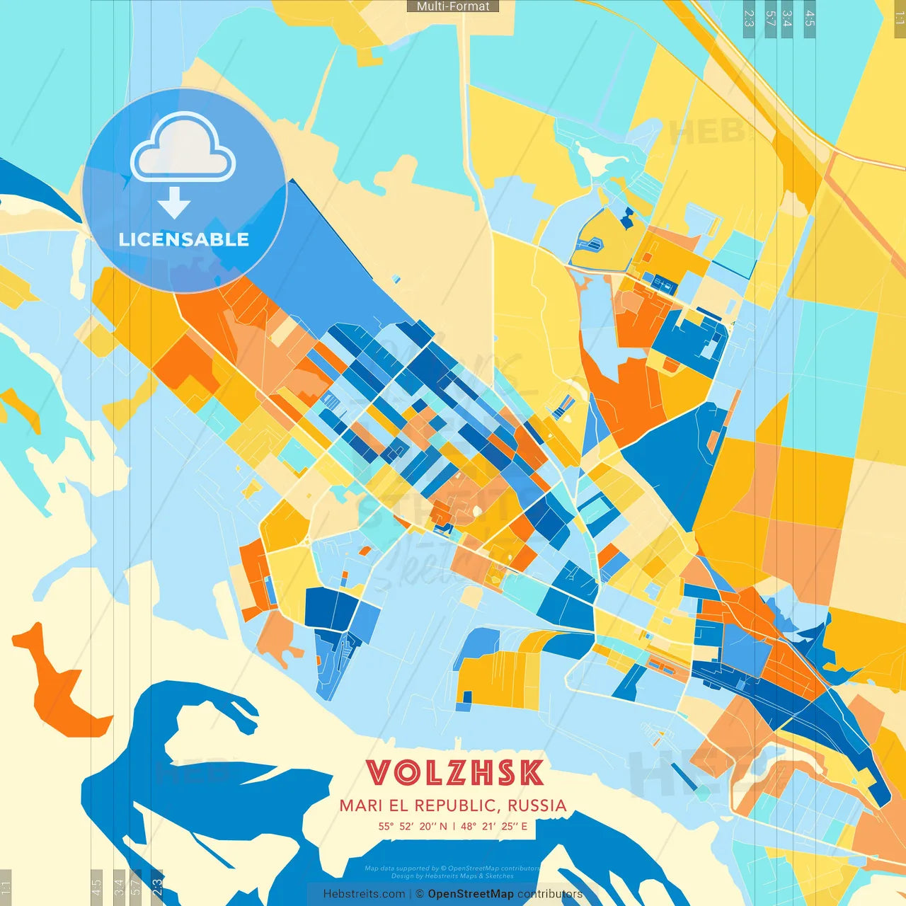 Volzhsk, Mari El Republic, Russia blue and orange vector art map template