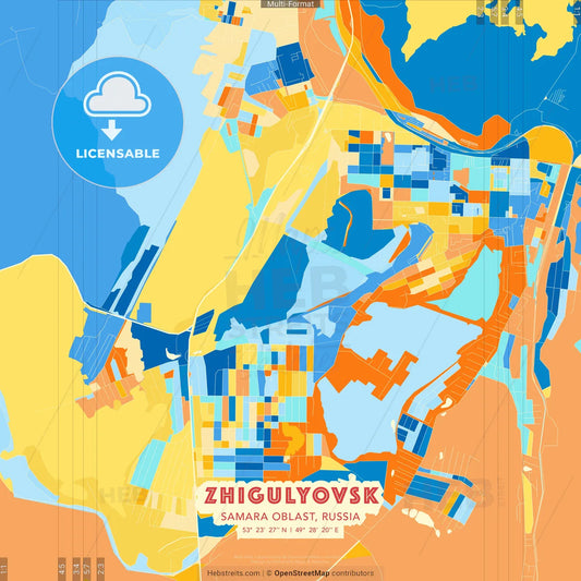 Zhigulyovsk, Samara Oblast, Russia blue and orange vector art map template