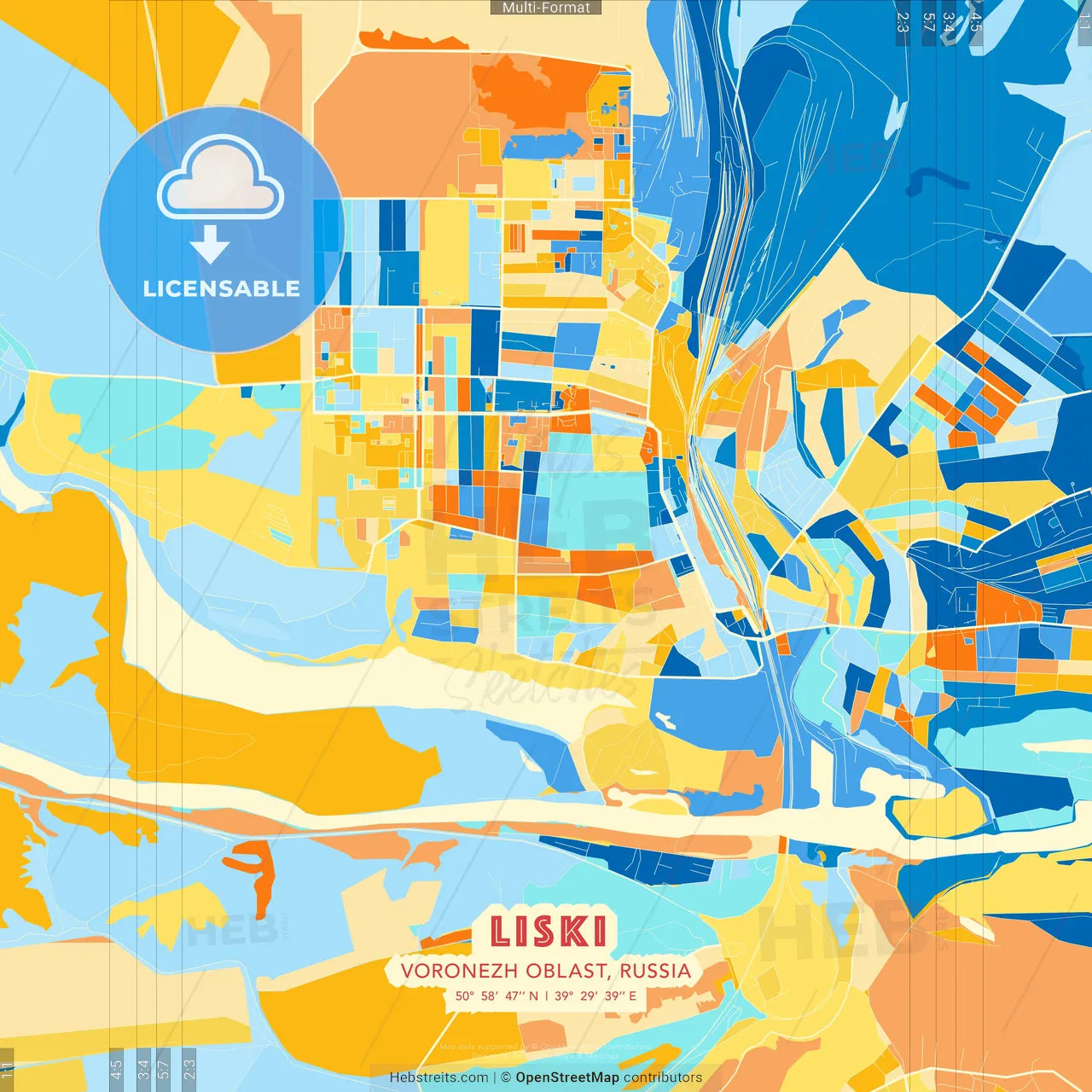 Liski, Voronezh Oblast, Russia blue and orange vector art map template