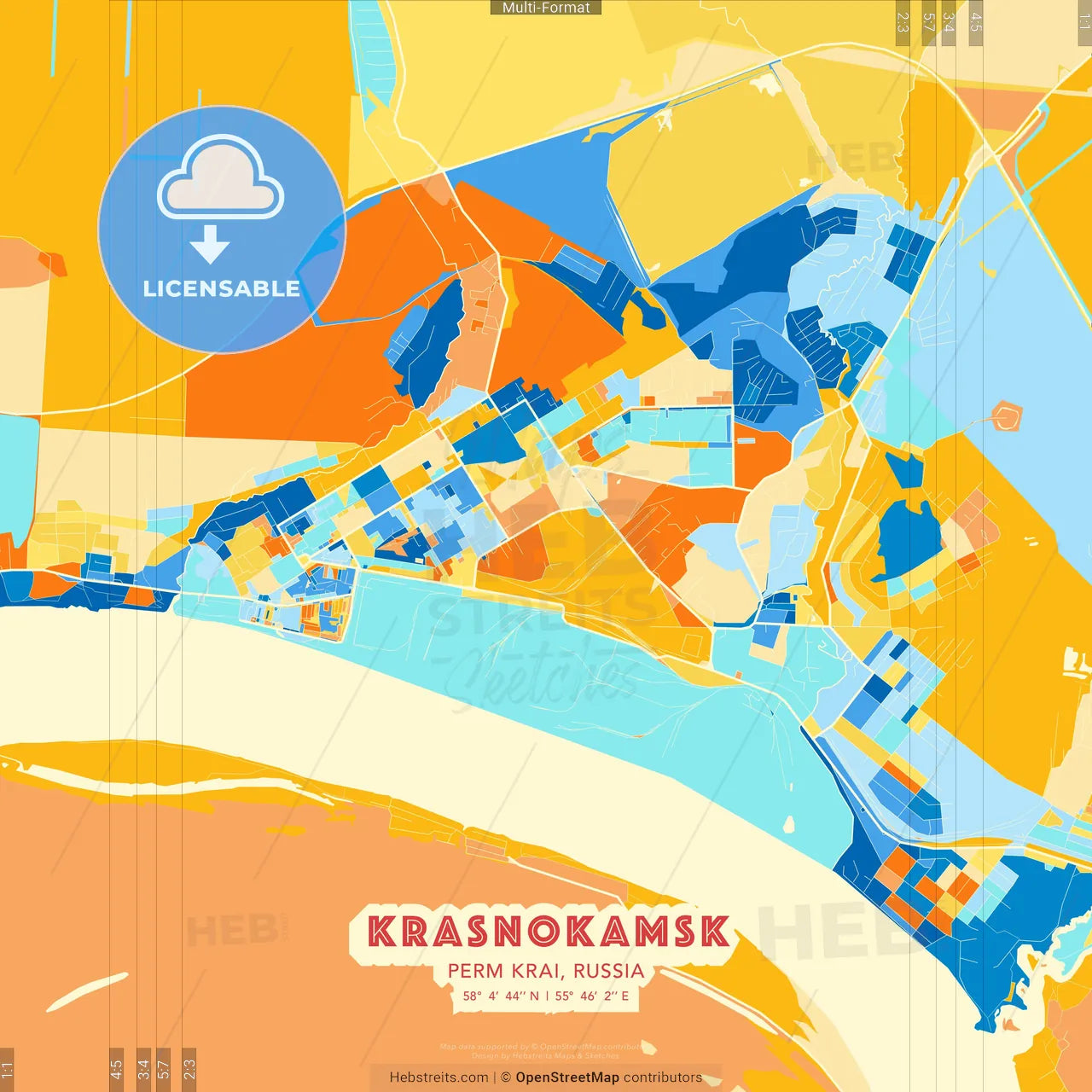 Krasnokamsk, Perm Krai, Russia blue and orange vector art map template