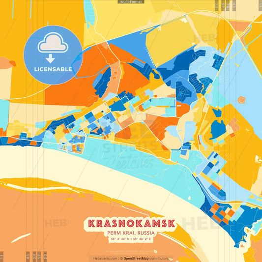 Krasnokamsk, Perm Krai, Russia blue and orange vector art map template