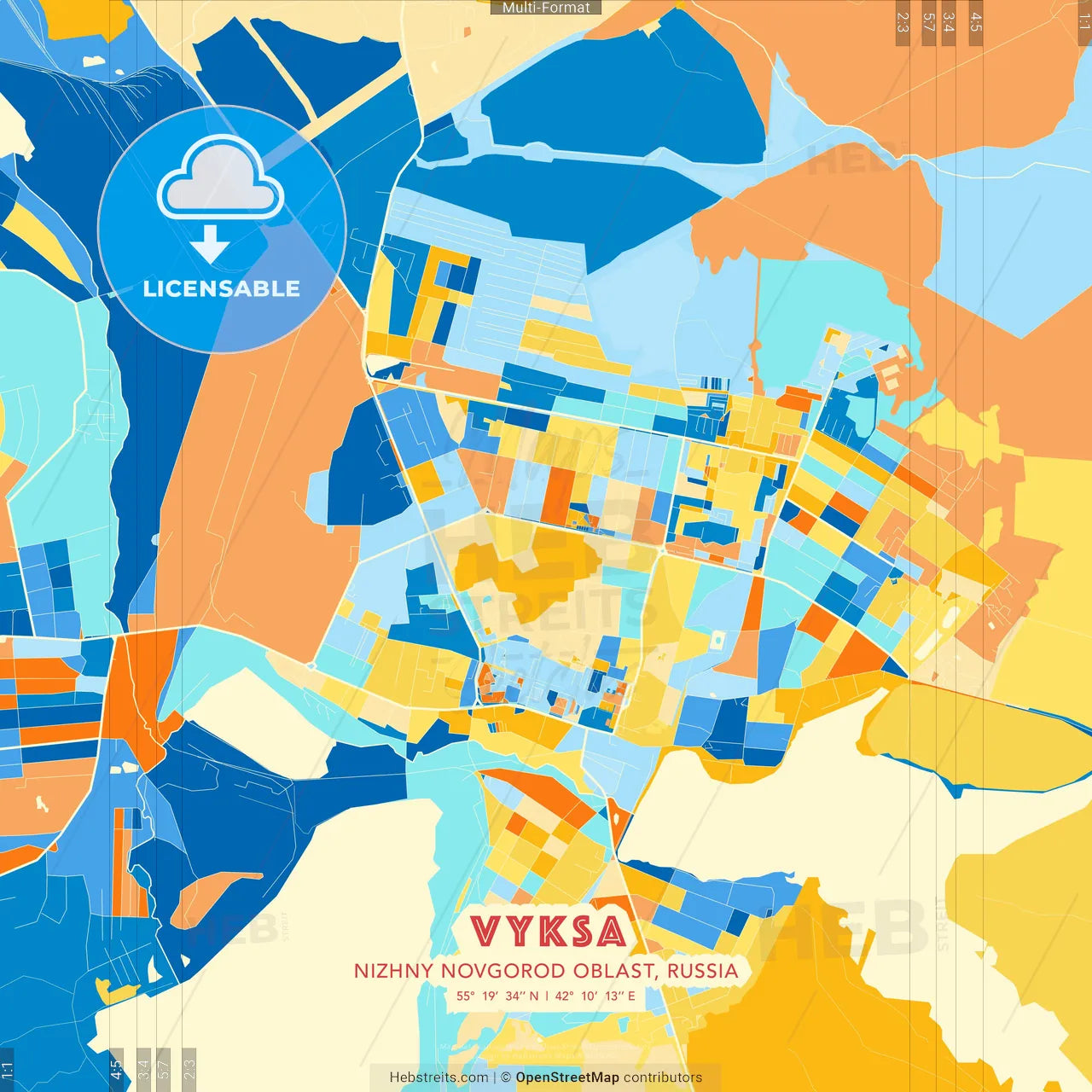 Vyksa, Nizhny Novgorod Oblast, Russia blue and orange vector art map template