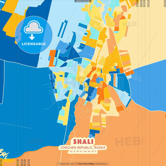 Shali, Chechen Republic, Russia blue and orange vector art map template