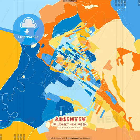 Arsenyev, Primorsky Krai, Russia blue and orange vector art map template