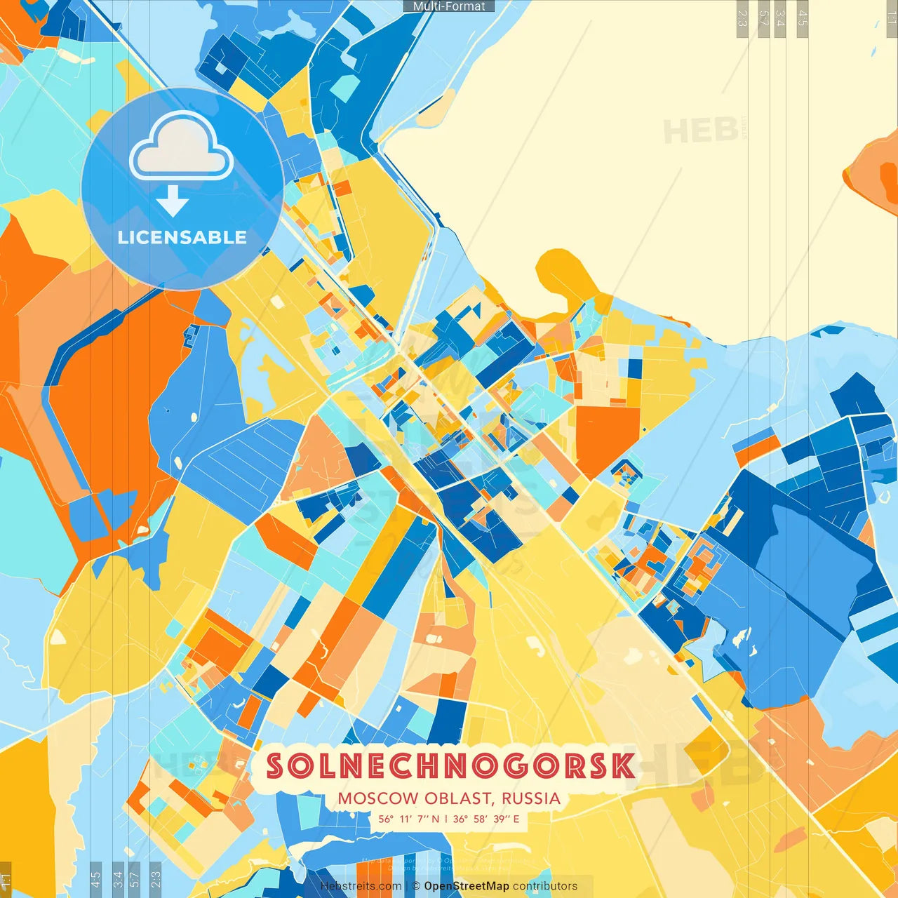 Solnechnogorsk, Moscow Oblast, Russia blue and orange vector art map template