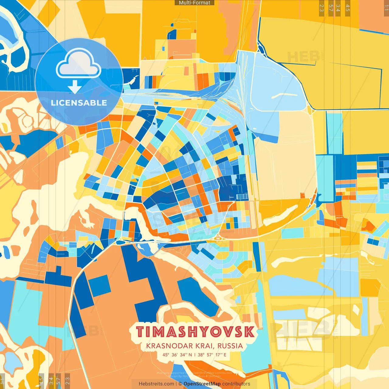 Timashyovsk, Krasnodar Krai, Russia blue and orange vector art map template