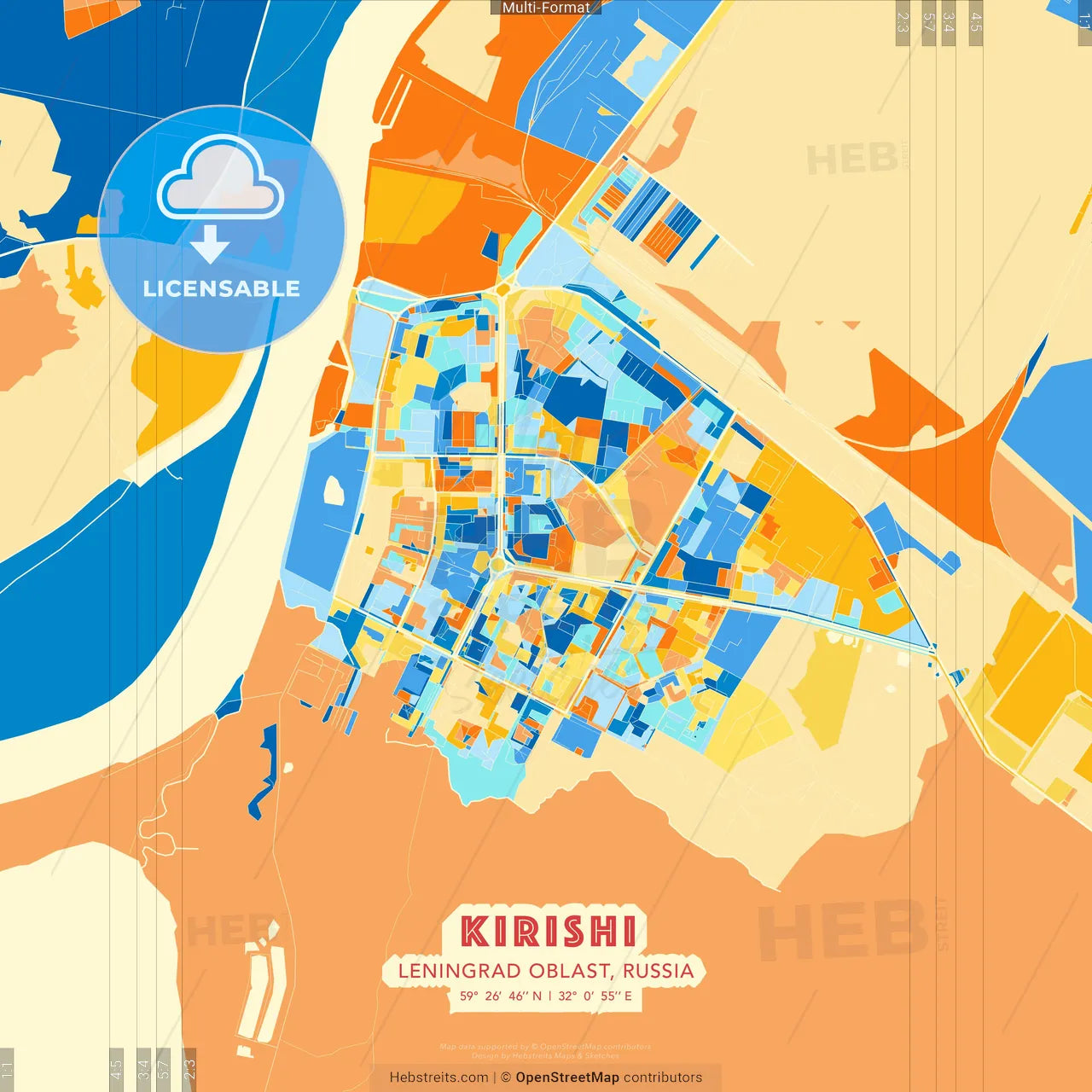 Kirishi, Leningrad Oblast, Russia blue and orange vector art map template