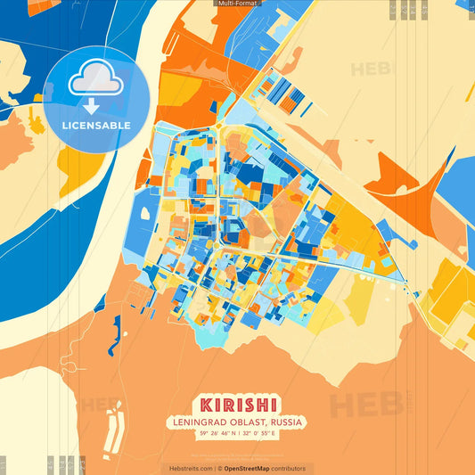 Kirishi, Leningrad Oblast, Russia blue and orange vector art map template