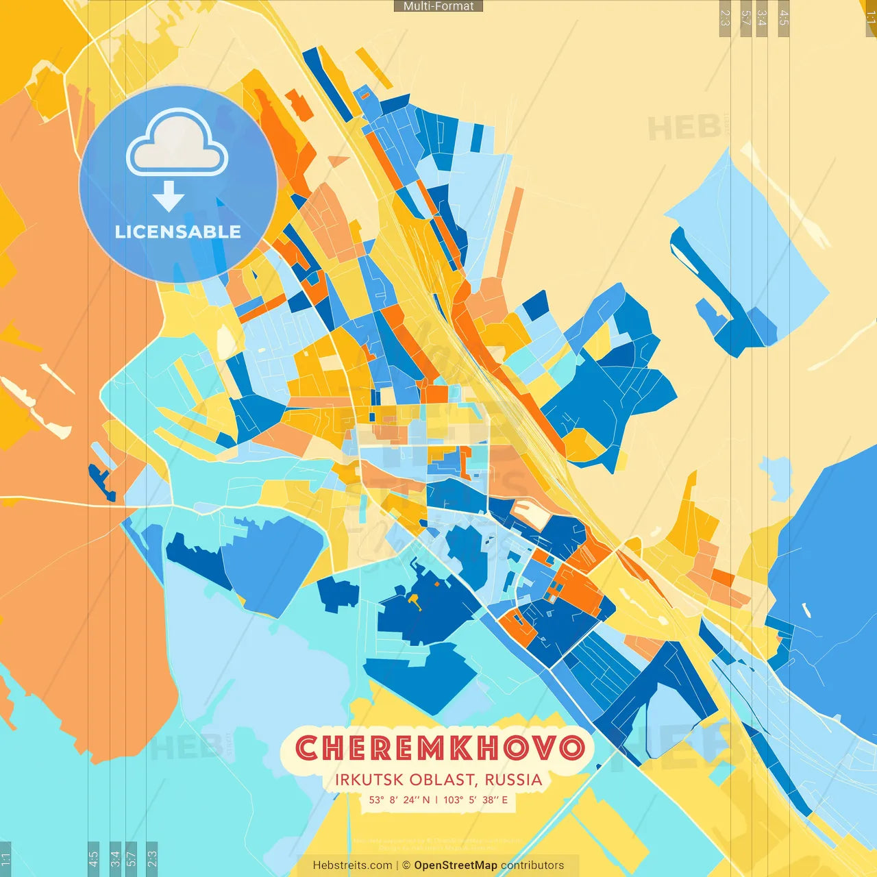 Cheremkhovo, Irkutsk Oblast, Russia blue and orange vector art map template
