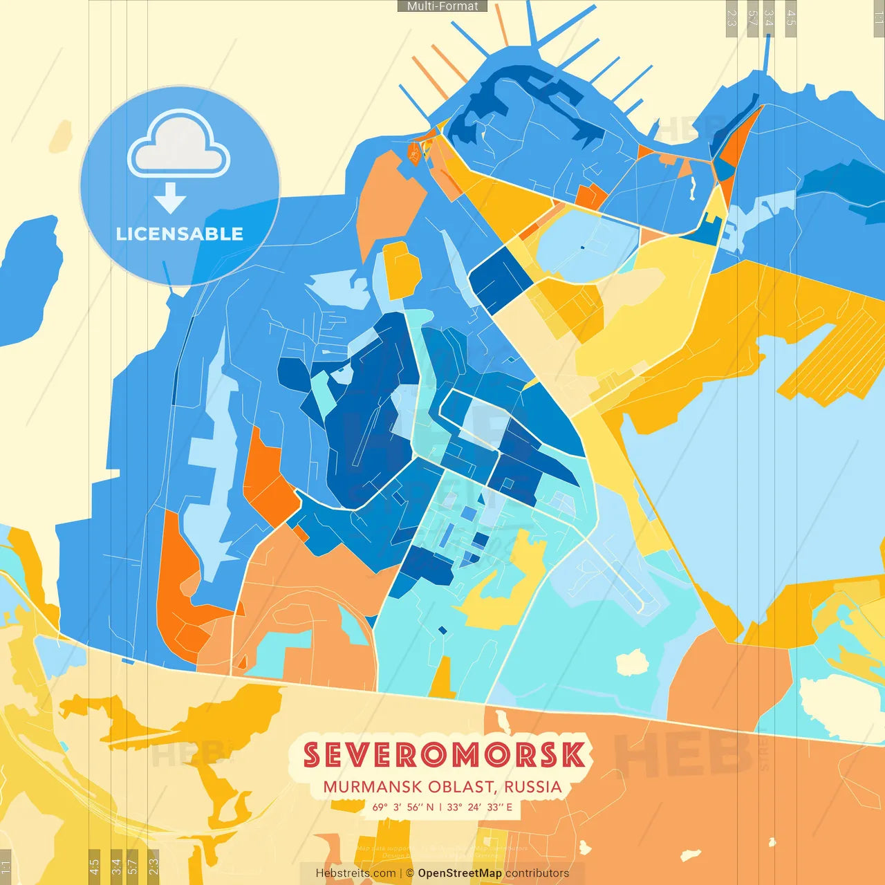 Severomorsk, Murmansk Oblast, Russia blue and orange vector art map template