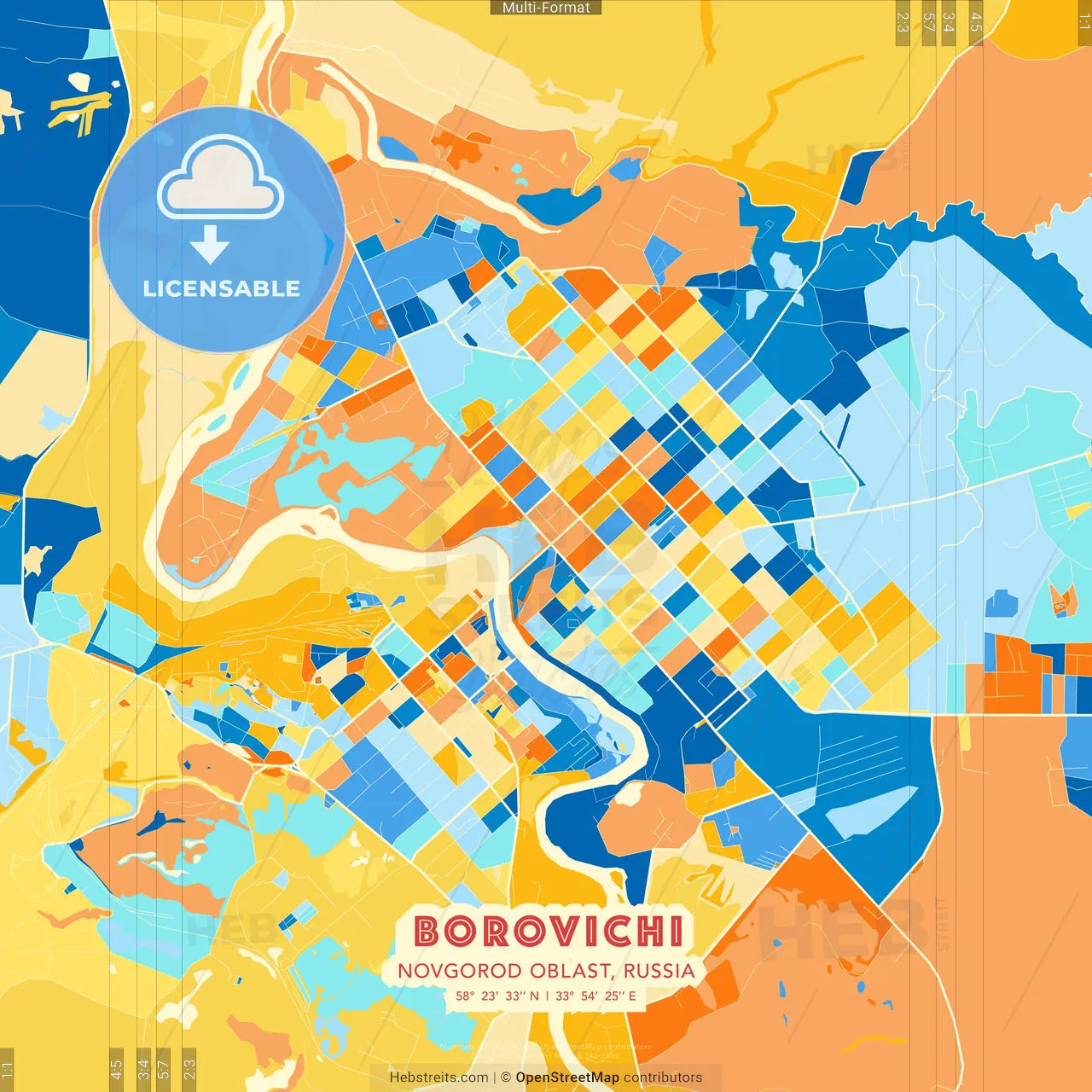 Borovichi, Novgorod Oblast, Russia blue and orange vector art map template