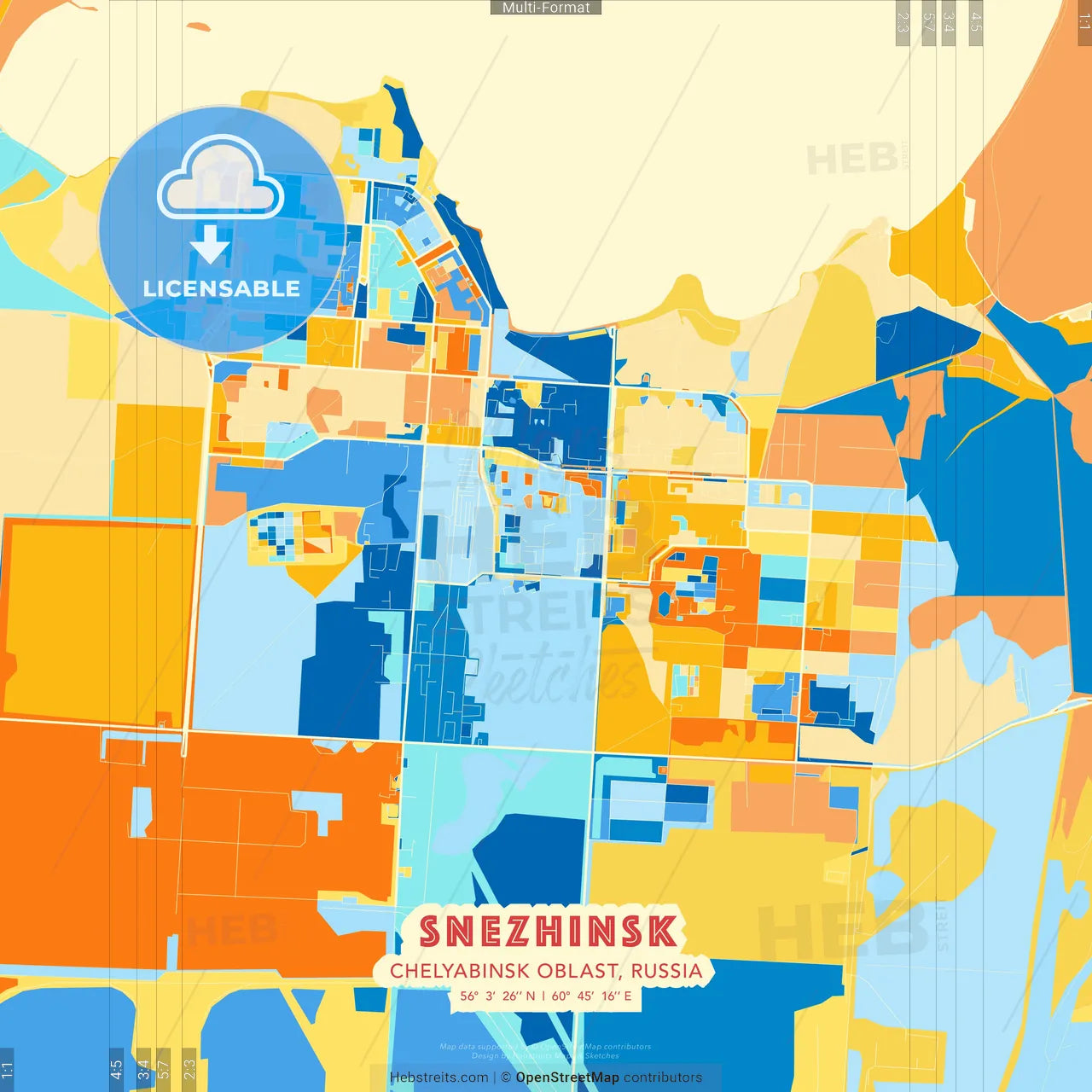 Snezhinsk, Chelyabinsk Oblast, Russia blue and orange vector art map template