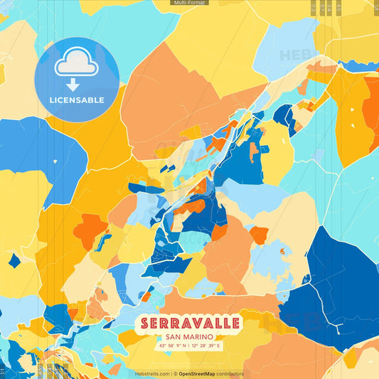 Serravalle, San Marino blue and orange vector art map template