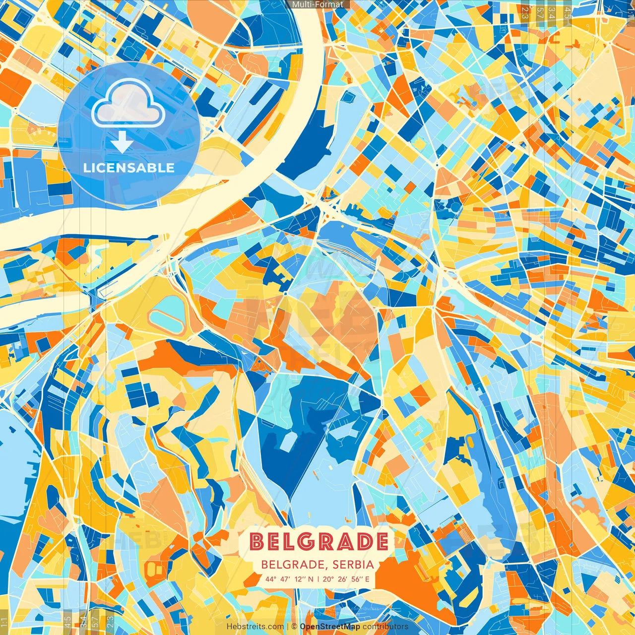 Belgrade, Belgrade, Serbia blue and orange vector art map template