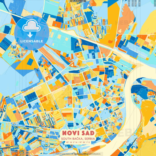 Novi Sad, South Bačka, Serbia blue and orange vector art map template
