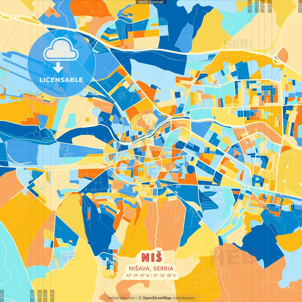 Niš, Nišava, Serbia blue and orange vector art map template