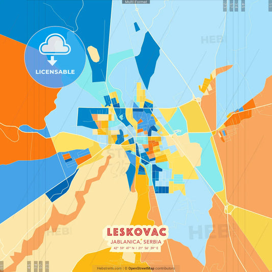 Leskovac, Jablanica, Serbia blue and orange vector art map template