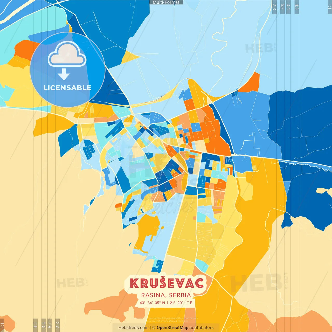 Kruševac, Rasina, Serbia blue and orange vector art map template