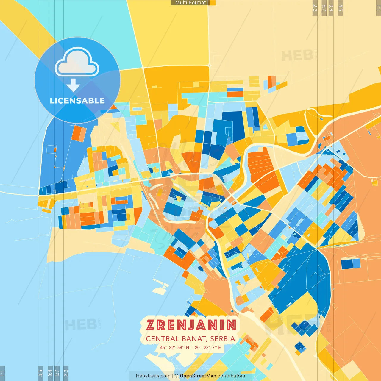 Zrenjanin, Central Banat, Serbia blue and orange vector art map template