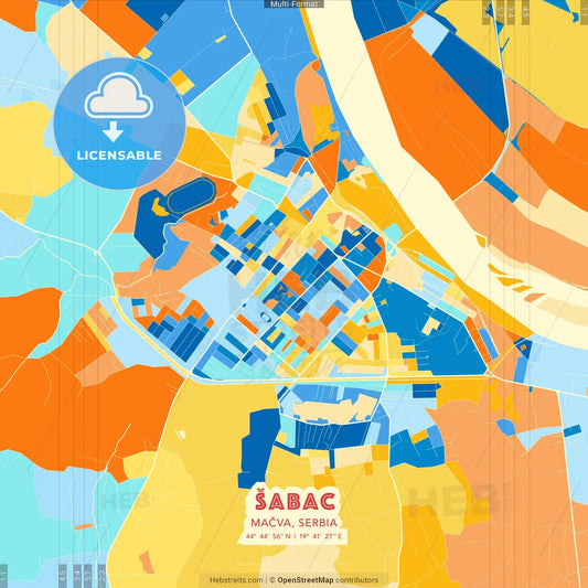 Šabac, Mačva, Serbia blue and orange vector art map template