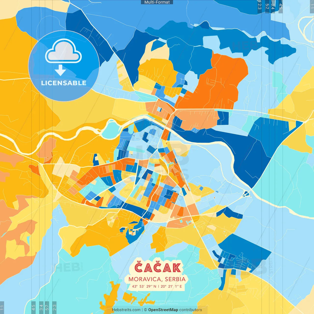 Čačak, Moravica, Serbia blue and orange vector art map template