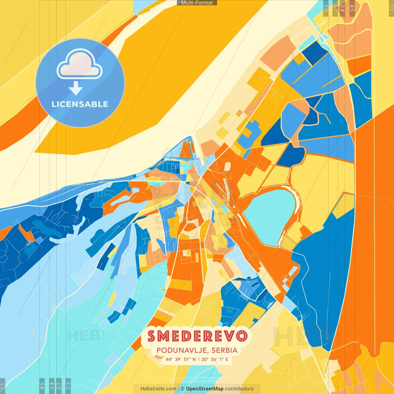 Smederevo, Podunavlje, Serbia blue and orange vector art map template