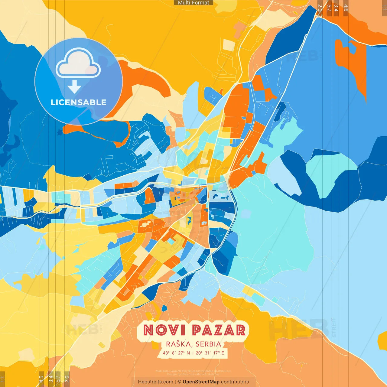 Novi Pazar, Raška, Serbia blue and orange vector art map template