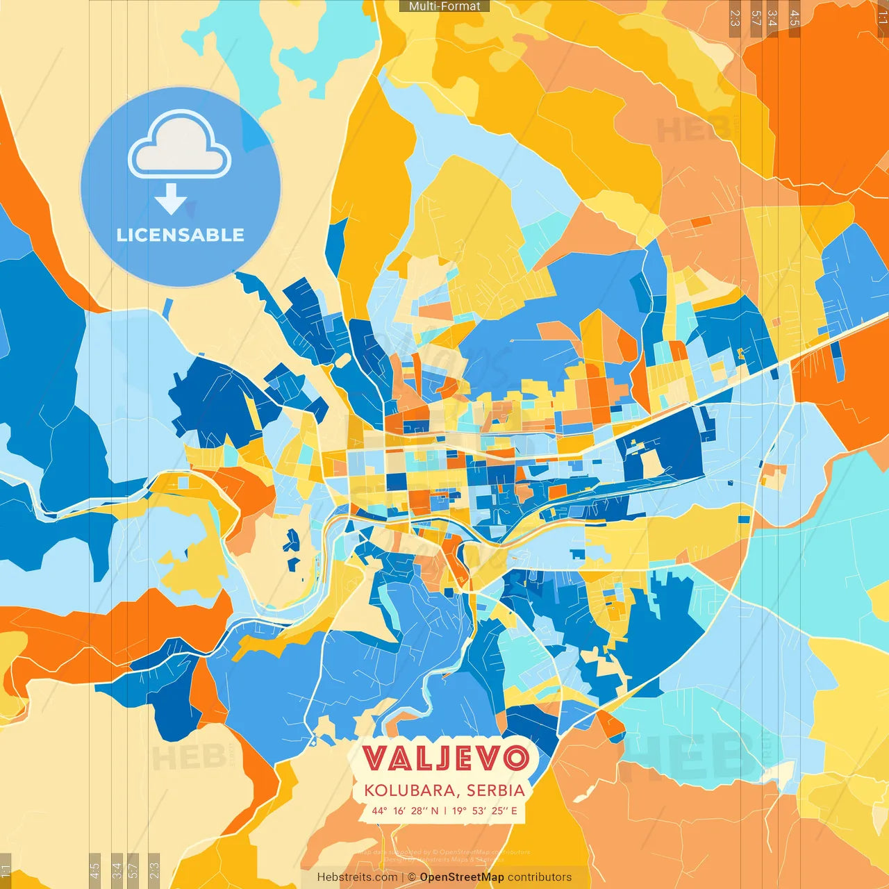 Valjevo, Kolubara, Serbia blue and orange vector art map template