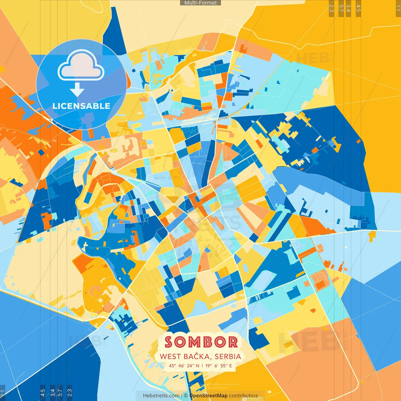 Sombor, West Bačka, Serbia blue and orange vector art map template