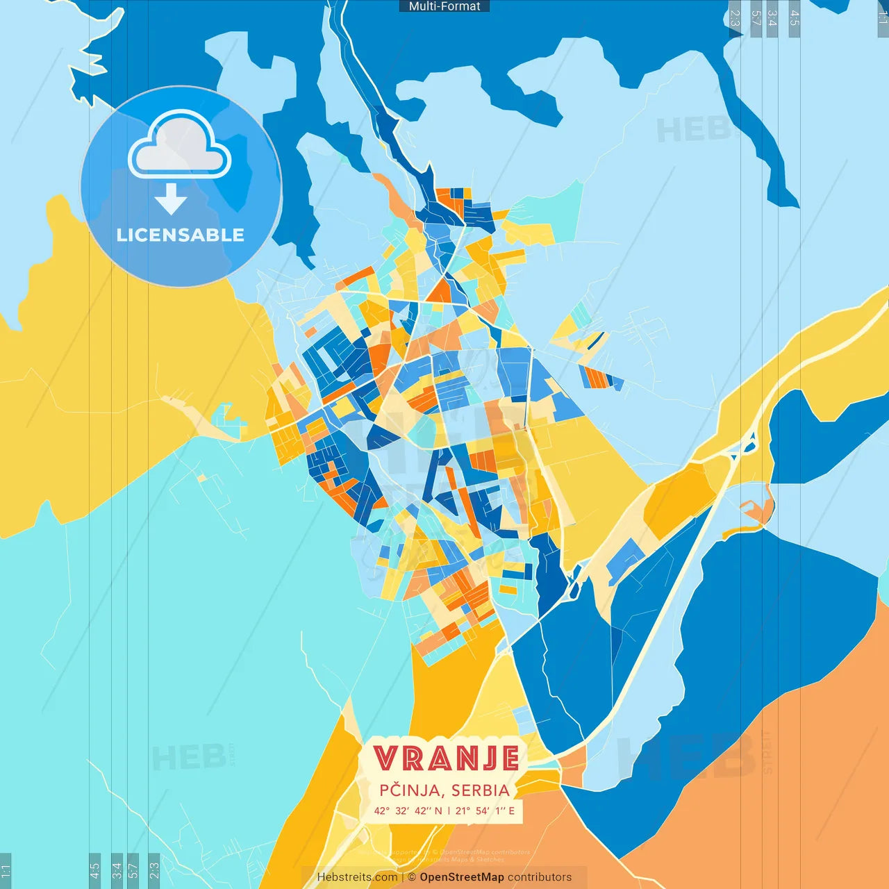 Vranje, Pčinja, Serbia blue and orange vector art map template