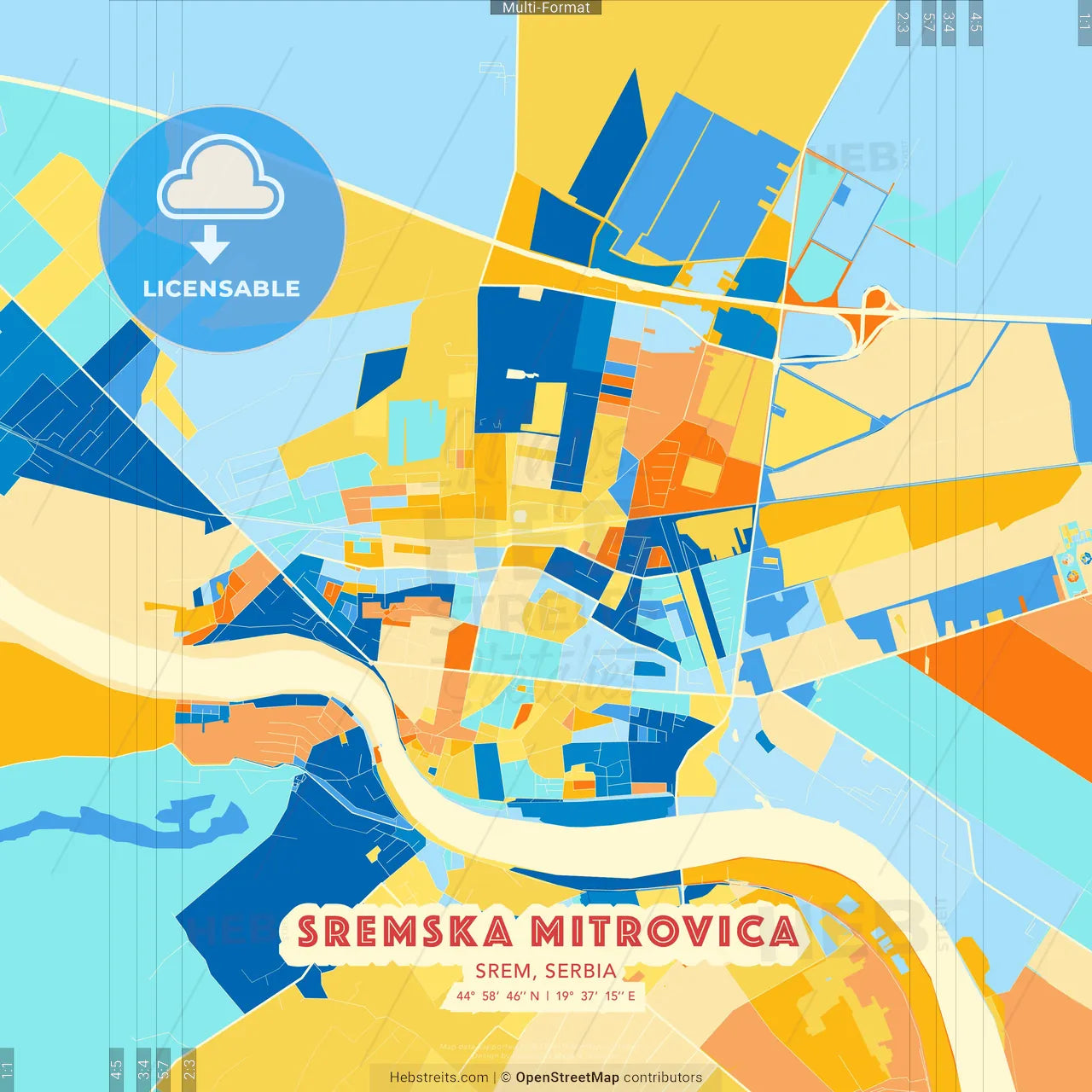 Sremska Mitrovica, Srem, Serbia blue and orange vector art map template