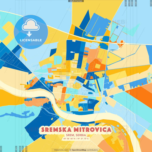 Sremska Mitrovica, Srem, Serbia blue and orange vector art map template
