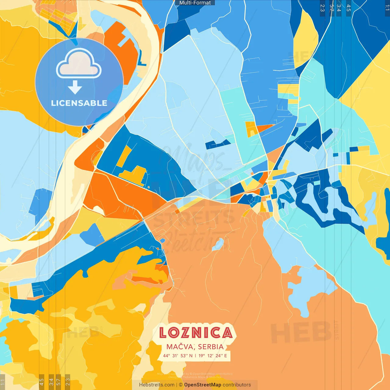 Loznica, Mačva, Serbia blue and orange vector art map template