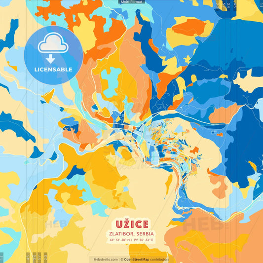 Užice, Zlatibor, Serbia blue and orange vector art map template