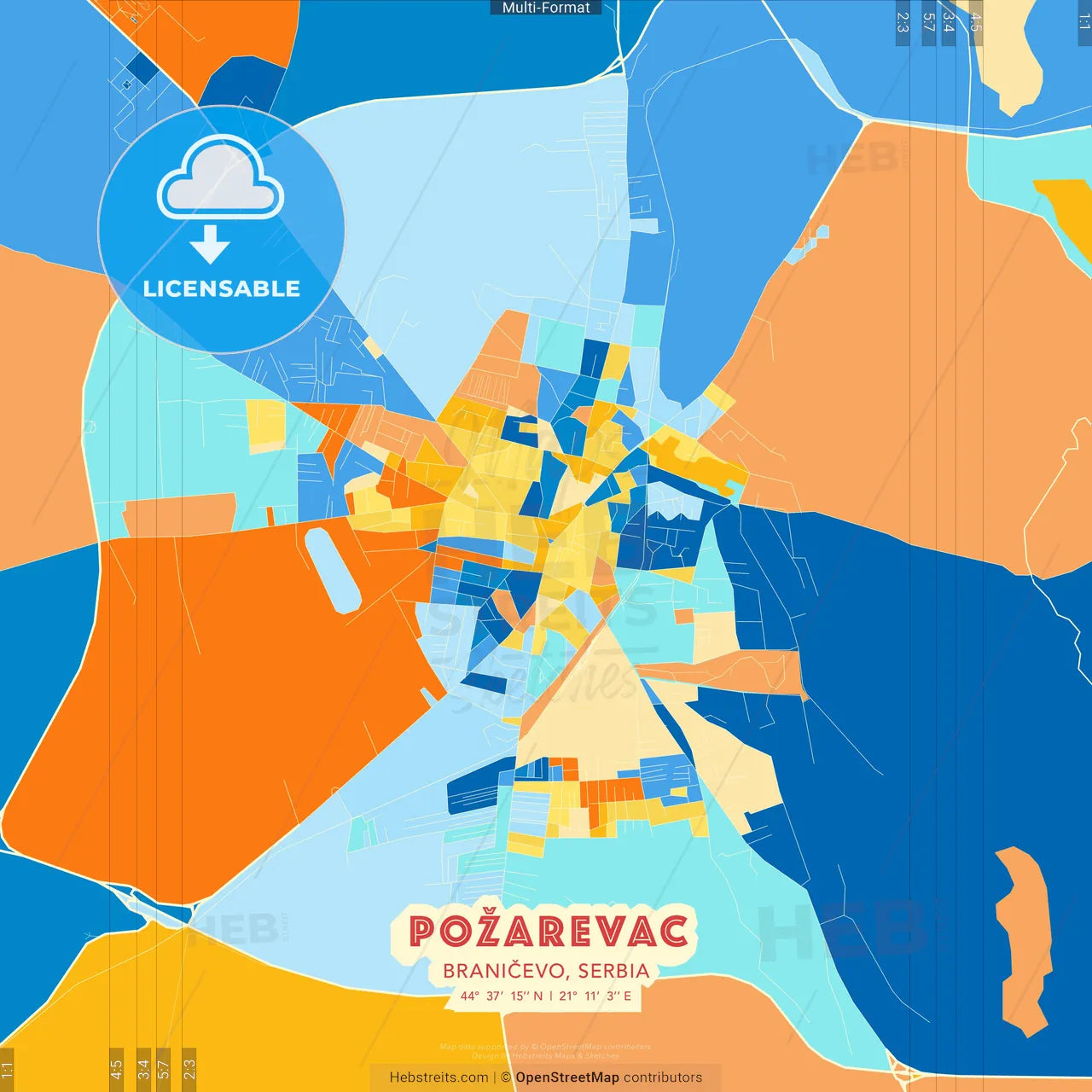 Požarevac, Braničevo, Serbia blue and orange vector art map template