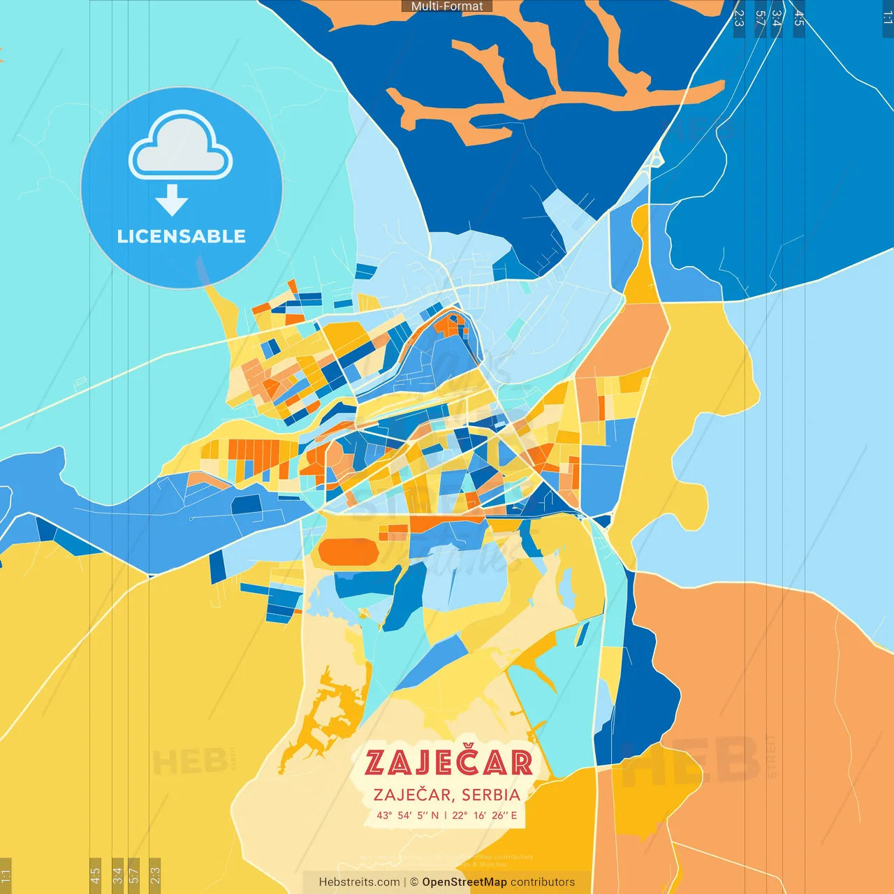 Zaječar, Zaječar, Serbia blue and orange vector art map template