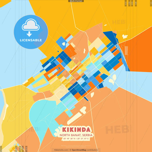 Kikinda, North Banat, Serbia blue and orange vector art map template
