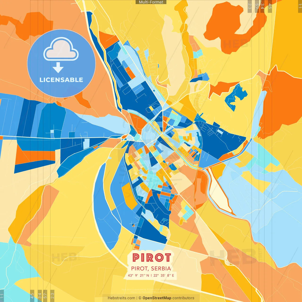 Pirot, Pirot, Serbia blue and orange vector art map template