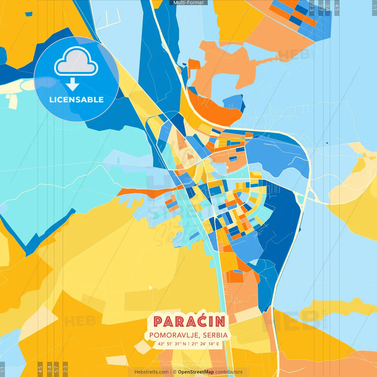 Paraćin, Pomoravlje, Serbia blue and orange vector art map template